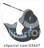 Clipart Illustration Of A Navy Blue Fish Jumping Up And Biting A Hook On A Fishing Line