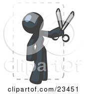 Clipart Illustration Of A Navy Blue Lady Character Snipping Out A Coupon With A Pair Of Scissors Before Going Shopping