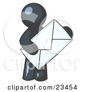 Navy Blue Person Standing And Holding A Large Envelope Symbolizing Communications And Email