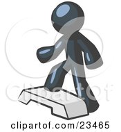 Clipart Illustration Of A Navy Blue Man Doing Step Ups On An Aerobics Platform While Exercising
