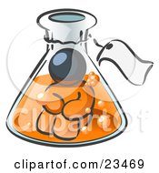Clipart Illustration Of A Navy Blue Man Trapped Inside A Bubbly Potion In A Laboratory Beaker With A Tag Around The Bottle