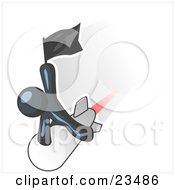 Poster, Art Print Of Navy Blue Man Waving A Flag While Riding On Top Of A Fast Missile Or Rocket Symbolizing Success
