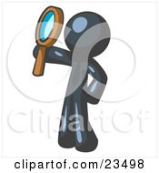 Navy Blue Man Holding Up A Magnifying Glass And Peering Through It While Investigating Or Researching Something