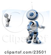 Poster, Art Print Of Navy Blue Man Inventor Operating An Blue Robot With A Remote Control