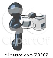 Clipart Illustration Of A Navy Blue Man Holding Up A Newspaper And Pointing To An Article