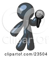 Poster, Art Print Of Navy Blue Man A Comedian Or Vocalist Wearing A Tie Standing On Stage And Holding A Microphone While Singing Karaoke Or Telling Jokes