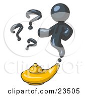 Clipart Illustration Of A Navy Blue Genie Man Emerging From A Golden Lamp With Question Marks
