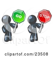 Navy Blue Men Holding Red And Green Stop And Go Signs