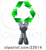 Poster, Art Print Of Navy Blue Man Holding Up Three Green Arrows Forming A Triangle And Moving In A Clockwise Motion Symbolizing Renewable Energy And Recycling