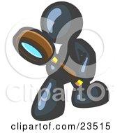 Navy Blue Man Bending Over To Inspect Something Through A Magnifying Glass