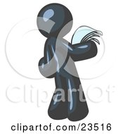 Clipart Illustration Of A Serious Navy Blue Man Reading Papers And Documents