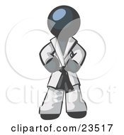 Tough Navy Blue Man In A White Karate Suit And A Black Belt Standing With His Hands On His Hips