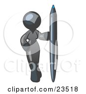 Clipart Illustration Of A Navy Blue Woman In A Gray Dress Standing With One Hand On Her Hip Holding A Huge Pen