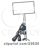 Poster, Art Print Of Strong Navy Blue Man Pushing A Blank Sign Upright
