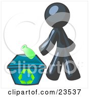 Poster, Art Print Of Navy Blue Man Tossing A Plastic Container Into A Recycle Bin Symbolizing Someone Doing Their Part To Help The Environment And To Be Earth Friendly