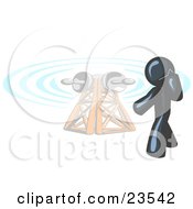 Poster, Art Print Of Navy Blue Businessman Talking On A Cell Phone A Communications Tower In The Background