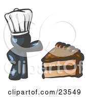 Poster, Art Print Of Navy Blue Chef Man Wearing A White Hat And Presenting A Tasty Slice Of Chocolate Frosted Cake