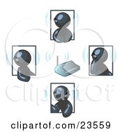 Poster, Art Print Of Group Of Four Navy Blue Men Holding A Phone Meeting And Wearing Wireless Bluetooth Headsets