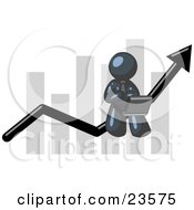 Poster, Art Print Of Navy Blue Man Conducting Business On A Laptop Computer On An Arrow Moving Upwards In Front Of A Bar Graph Symbolizing Success