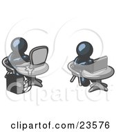 Clipart Illustration Of Two Navy Blue Men Employees Working On Computers In An Office One Using A Desktop The Other Using A Laptop