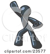 Clipart Illustration Of A Navy Blue Man Dancing And Listening To Music With An MP3 Player