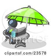 Clipart Illustration Of A Traveling Navy Blue Business Man Sitting Under An Umbrella At A Table Using A Laptop Computer