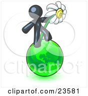 Poster, Art Print Of Navy Blue Man Standing On The Green Planet Earth And Holding A White Daisy Symbolizing Organics And Going Green For A Healthy Environment