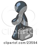 Clipart Illustration Of A Navy Blue Male Tourist Carrying His Suitcase And Walking With A Camera Around His Neck
