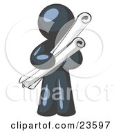Clipart Illustration Of A Navy Blue Man Architect Carrying Rolled Blue Prints And Plans