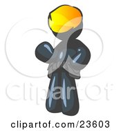 Clipart Illustration Of A Friendly Navy Blue Construction Worker Or Handyman Wearing A Hardhat And Tool Belt And Waving