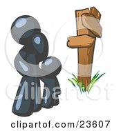 Poster, Art Print Of Uncertain Navy Blue Man And Child Standing At A Wooden Post Trying To Decide Which Direction To Go At A Crossroads