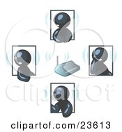 Poster, Art Print Of Navy Blue Men Holding A Phone Meeting And Wearing Wireless Headsets