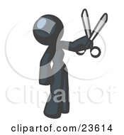 Clipart Illustration Of A Navy Blue Woman Standing And Holing Up A Pair Of Scissors by Leo Blanchette