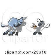 Poster, Art Print Of Navy Blue Man Holding A Stool And Whip While Taming A Bull Bull Market