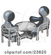 Poster, Art Print Of Two Navy Blue Business Men Sitting Across From Eachother At A Table During A Meeting