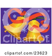 Poster, Art Print Of Two Golden Jingle Bells Ringing Under A Red Ribbon Over A Purple Background With Snowflake