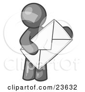 Poster, Art Print Of Gray Person Standing And Holding A Large Envelope Symbolizing Communications And Email