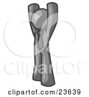 Clipart Illustration Of A Gray Man Standing With His Arms Above His Head