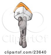 Clipart Illustration Of A Gray Man Holding Up A House Over His Head Symbolizing Home Loans And Realty