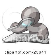 Clipart Illustration Of A Gray Man Using A Magnifying Glass To Examine The Facts In The Daily Newspaper