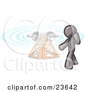 Clipart Illustration Of A Gray Businessman Talking On A Cell Phone A Communications Tower In The Background