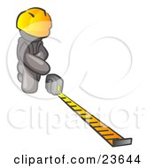 Poster, Art Print Of Gray Man Contractor Wearing A Hardhat Kneeling And Measuring