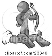 Clipart Illustration Of A Gray Man A Hunter Holding A Bow And Arrow Over A Dead Buck Deer