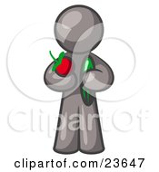 Clipart Illustration Of A Healthy Gray Man Carrying A Fresh And Organic Apple And Cucumber