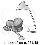 Clipart Illustration Of A Gray Man Down On The Ground Trying To Blow A Golf Ball Into The Hole