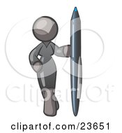 Gray Woman In A Gray Dress Standing With One Hand On Her Hip Holding A Huge Pen
