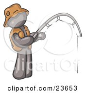Clipart Illustration Of A Gray Man Wearing A Hat And Vest And Holding A Fishing Pole