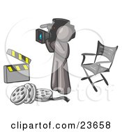 Poster, Art Print Of Gray Man Filming A Movie Scene With A Video Camera In A Studio