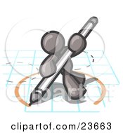 Clipart Illustration Of A Gray Man Holding A Pencil And Drawing A Circle On A Blueprint