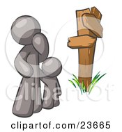 Clipart Illustration Of An Uncertain Gray Man And Child Standing At A Wooden Post Trying To Decide Which Direction To Go At A Crossroads